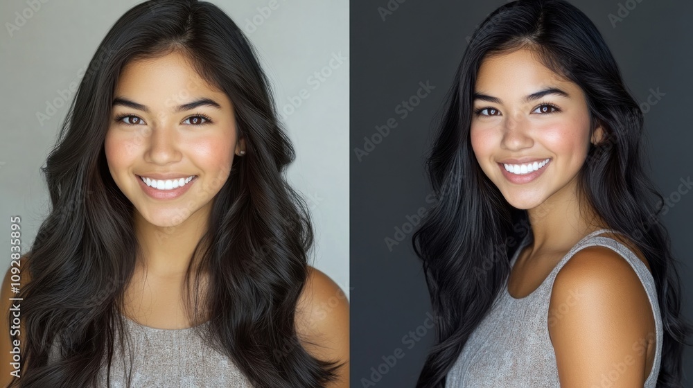 Smiling happy girl in long dark hair style Smiling happy girl in long dark hair style