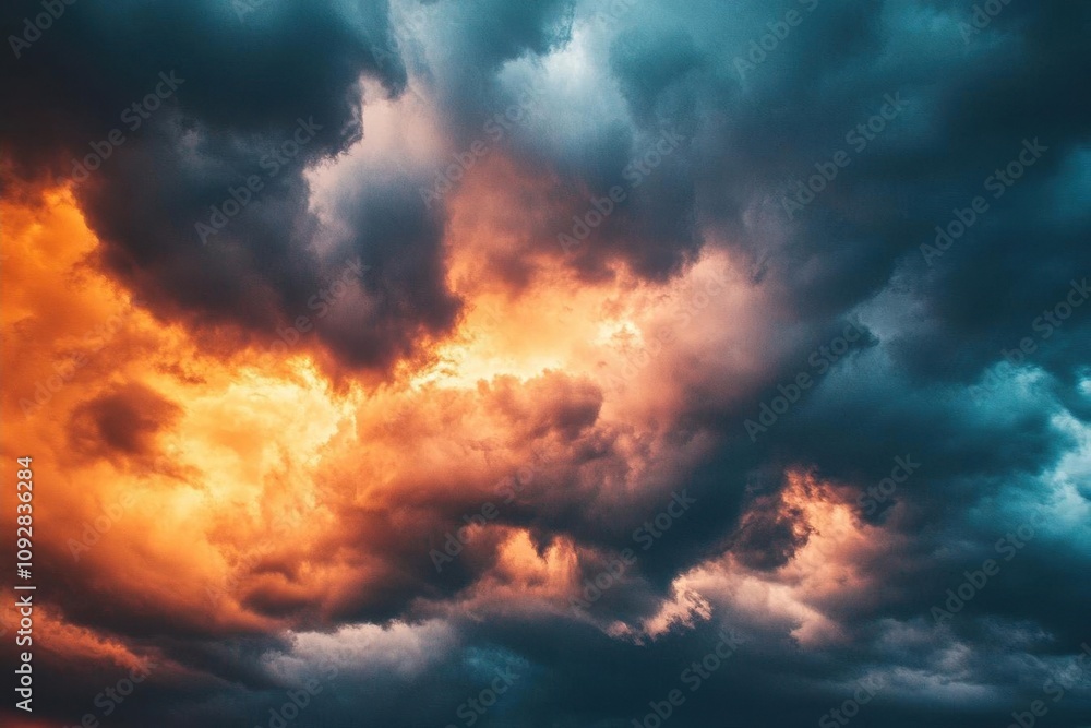 Obraz premium Dramatic clouds illuminated by vibrant sunset colors.