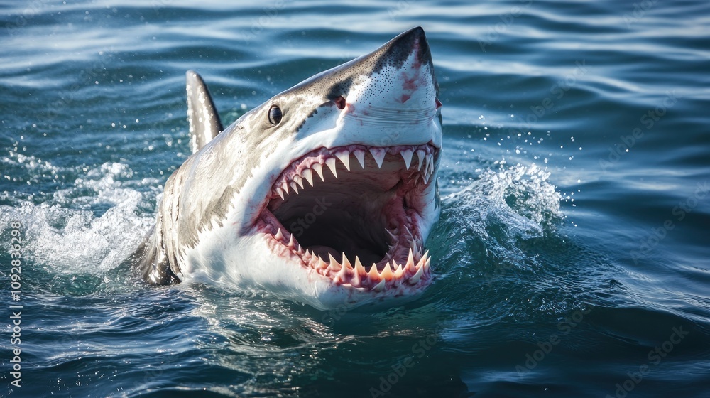Fototapeta premium A great white shark breaching the surface with its mouth open, displaying sharp teeth.