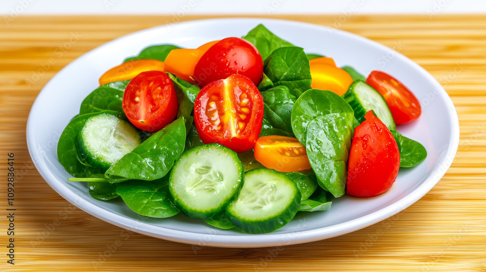 Fresh spinach salad with colorful vegetables, sliced into circles, with bright greens and mouth-watering taste. Fresh spinach salad with colorful vegetables, sliced into circles, with bright greens and mouth-watering taste.