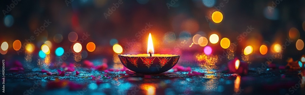Colorful Diwali Diya with Glowing Flame and Festive Bokeh Colorful Diwali Diya with Glowing Flame and Festive Bokeh