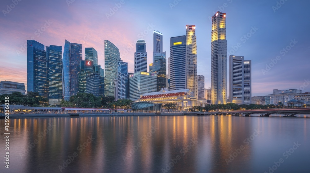 Fototapeta premium A vibrant city skyline at dusk with modern skyscrapers reflected in the water.