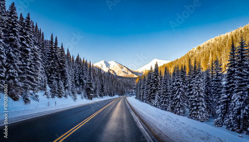 A road running through a snow covered alpine forest on a sunny winter day in a North America