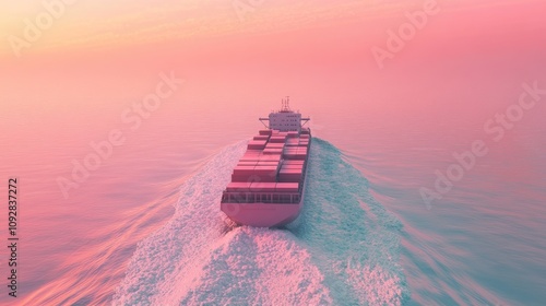 Cargo ship navigation in pastel 3D render, Import-export logistics, cargo ship is running with beautiful waves, top view photo