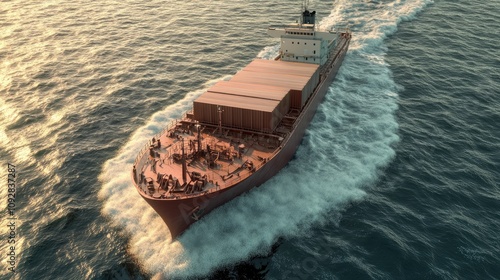 Cargo ship navigation in pastel 3D render, Import-export logistics, cargo ship is running with beautiful waves, top view photo