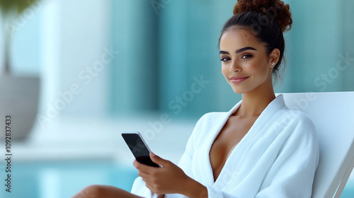 A woman is sitting on a chaise longue by the pool. She is wearing a white robe and smiling, looking at the smartphone in her hands.