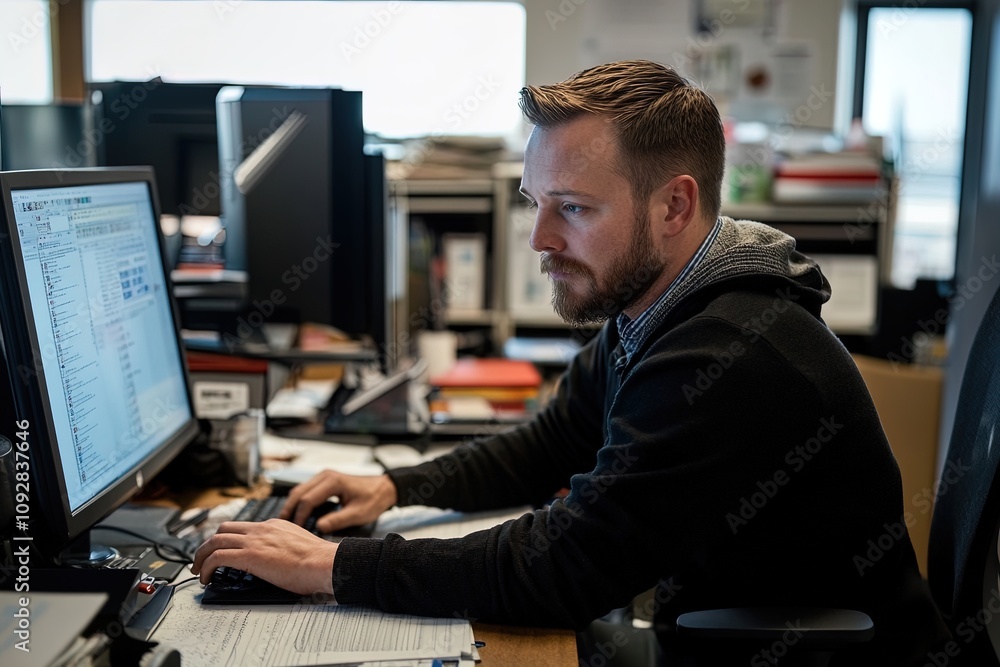 Focused professional working at a computer desk in a modern office setting during daytime hours Focused professional working at a computer desk in a modern office setting during daytime hours