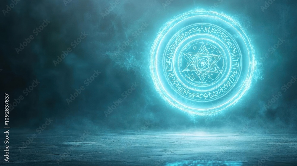 A glowing blue magical circle with a star symbol in a misty environment. A glowing blue magical circle with a star symbol in a misty environment.