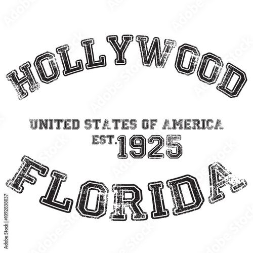 vintage college varsity florida's hollywood city slogan emblem print with grunge effect for graphic tee t shirt or sweatshirt - vector