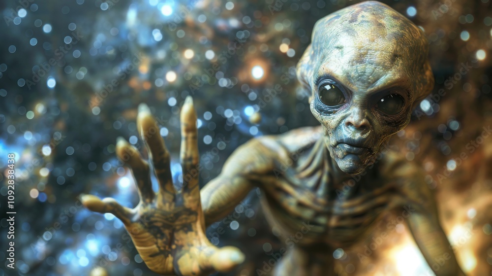 Alien encounter realistic figure reaching in cosmic space scene