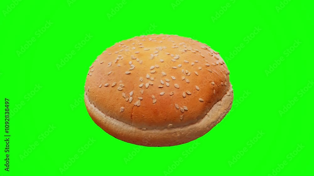 Burger bun. Bread roll is spinning on green screen chroma key closeup Burger bun. Bread roll is spinning on green screen chroma key closeup