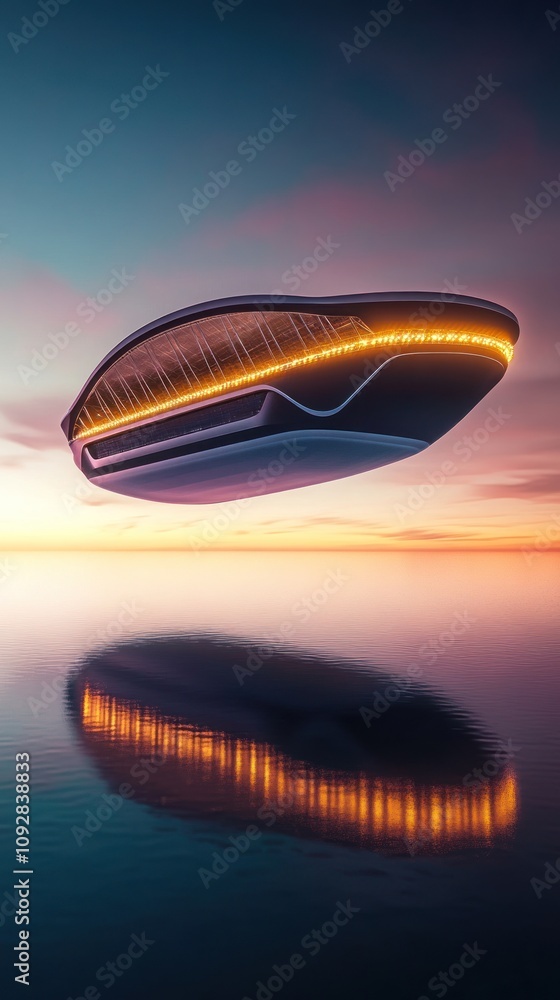Obraz premium A futuristic, hovering vehicle with glowing accents above a calm water surface at sunset.