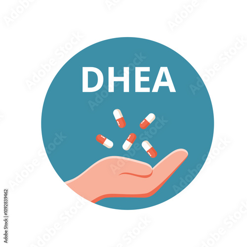 Vector illustration with DHEA caption depicting a hand with capsules and pills symbolizing hormone supplements. The concept of health and hormone therapy to support the human body.