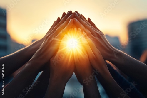 Multiple hands converge to form a circle with the sun at the center, symbolizing unity, collective strength, and hope amidst a vibrant background.