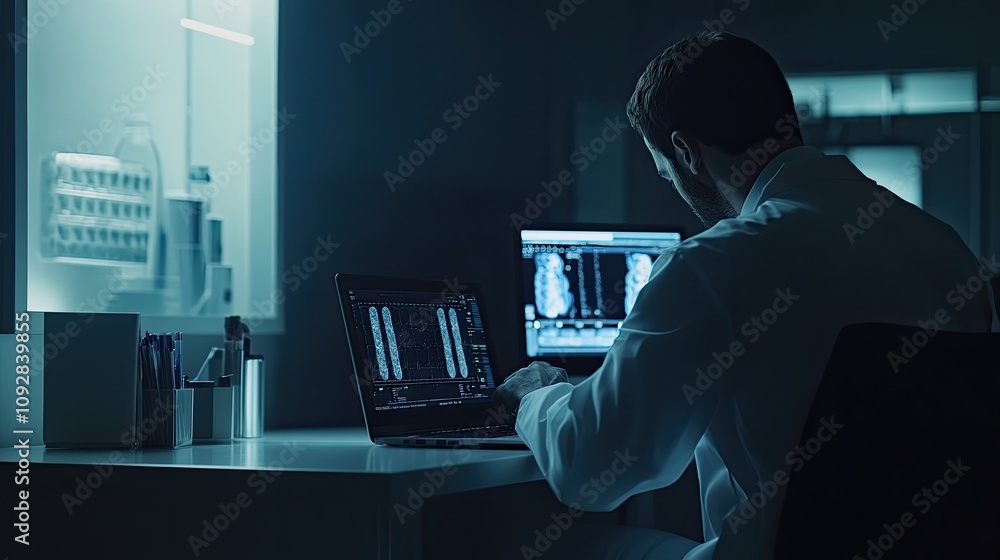 Doctor accessing patient data on laptop, innovative healthcare solutions, medical technology, back angle Doctor accessing patient data on laptop, innovative healthcare solutions, medical technology, back angle