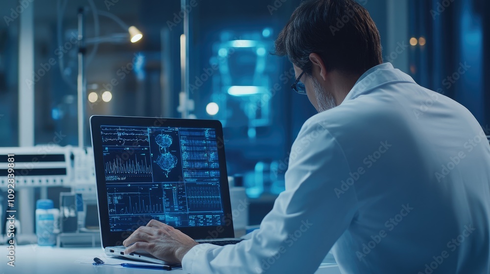 Doctor accessing patient data on laptop, innovative healthcare solutions, medical technology, back angle Doctor accessing patient data on laptop, innovative healthcare solutions, medical technology, back angle