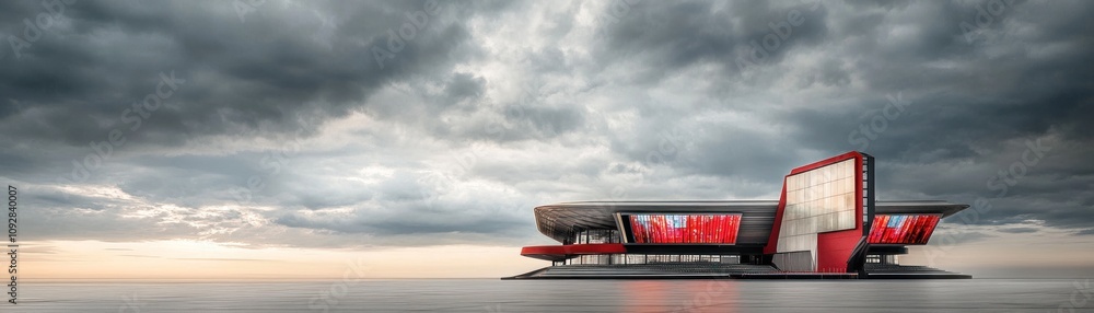 A modern architectural structure by the water under a dramatic sky. A modern architectural structure by the water under a dramatic sky.