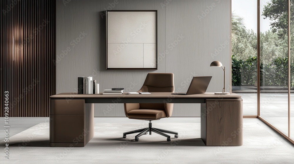 Fototapeta premium Transforming workspaces modern executive office with minimalist desk contemporary interior inspiring environment flexible design