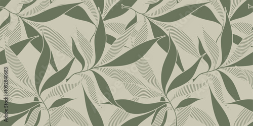 Abstract floral green palm leaves seamless pattern Matisse style.