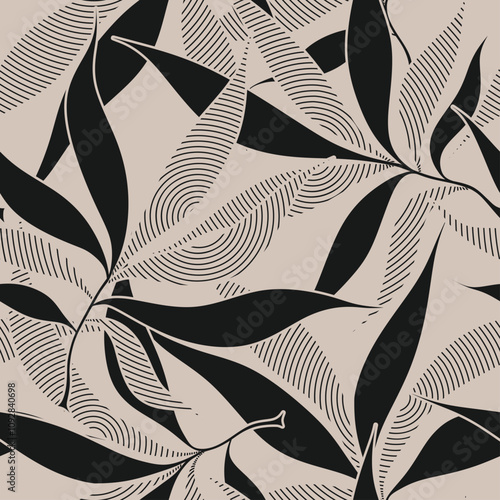 Abstract floral palm leaves seamless pattern with art line style.