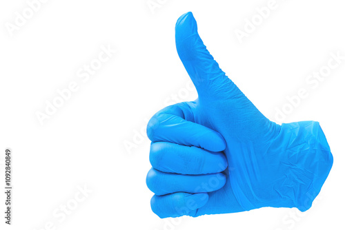 Like, hand in blue medical glove with thumb up. Hand gesture. PNG background