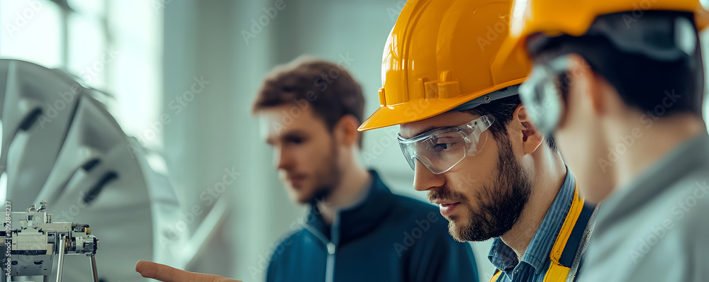 Engineers gathered around a wind turbine model, discussing mechanical upgrades, wind turbine, collaborative engineering Engineers gathered around a wind turbine model, discussing mechanical upgrades, wind turbine, collaborative engineering