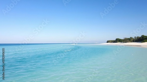 A picturesque beach scene with a calm turquoise ocean and soft white sand under an endless clear blue sky, white sandy beach, peaceful atmosphere