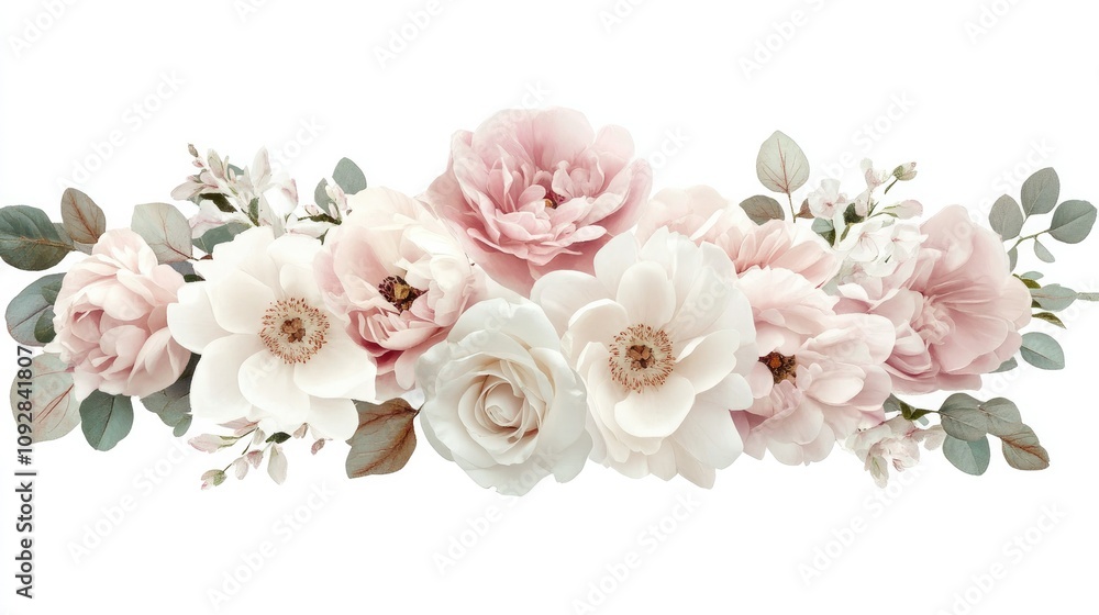 White greeting card and a bouquet of pink and white flowers, isolated against a white background. White greeting card and a bouquet of pink and white flowers, isolated against a white background.