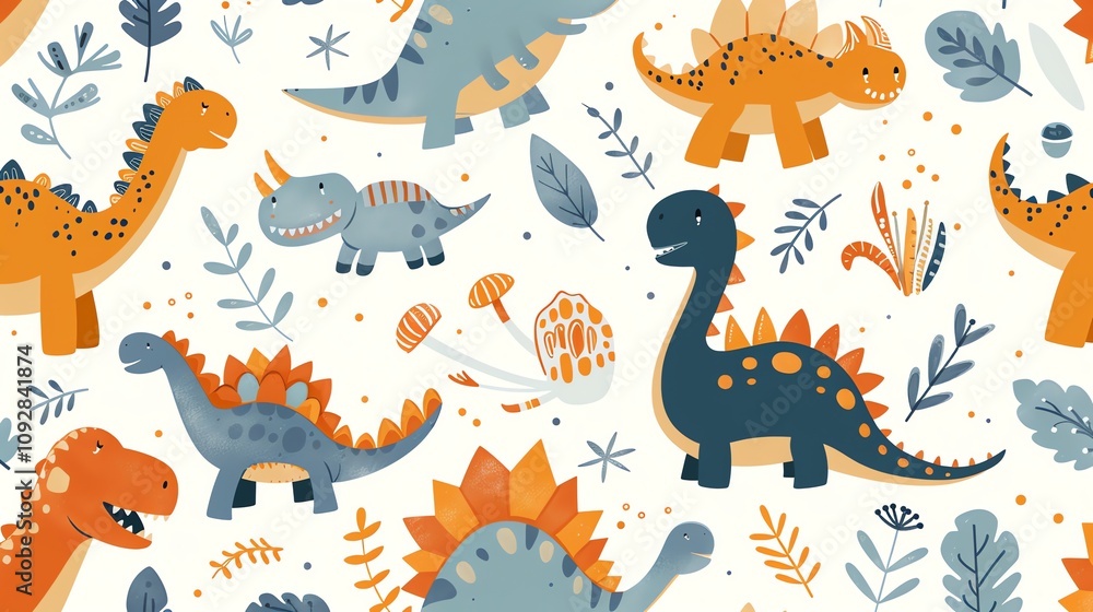 Seamless pattern with blue, orange, and yellow dinosaurs on a white background. Seamless pattern with blue, orange, and yellow dinosaurs on a white background.
