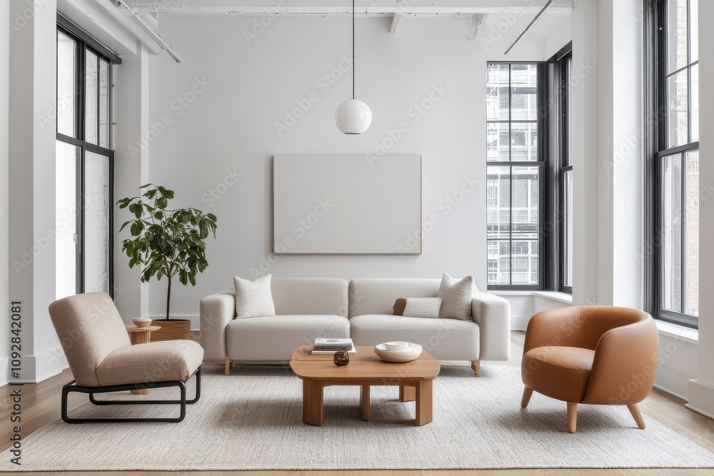 Fototapeta premium Create modern workspaces shared office space urban location minimalist interior open environment flexible design concept