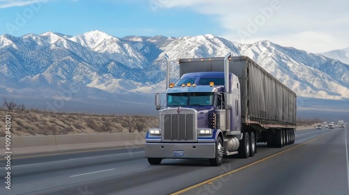 A large truck driving on a highway with snowy mountains in the background.