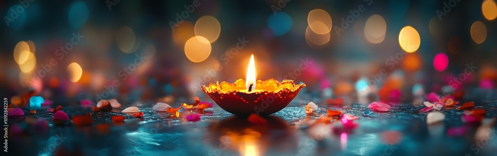 Colorful Diwali Diya with Glowing Flame and Festive Bokeh Colorful Diwali Diya with Glowing Flame and Festive Bokeh