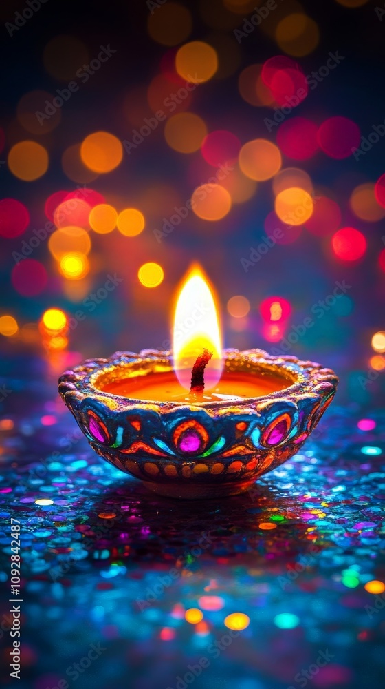 Colorful Diwali Diya with Glowing Flame and Festive Bokeh Colorful Diwali Diya with Glowing Flame and Festive Bokeh