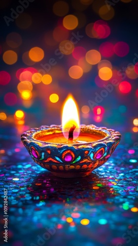 Colorful Diwali Diya with Glowing Flame and Festive Bokeh