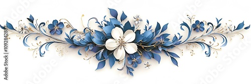 Elegant 3D Blue and White Flower Decorations with Gold Accents – High-Resolution Digital Art Featuring Smooth Patterns and Detailed Vector Illustrations on a Pure White Background