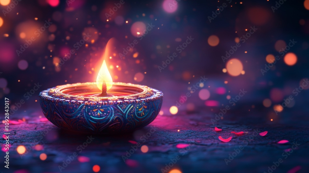 Colorful Diwali Diya with Glowing Flame and Festive Bokeh Colorful Diwali Diya with Glowing Flame and Festive Bokeh