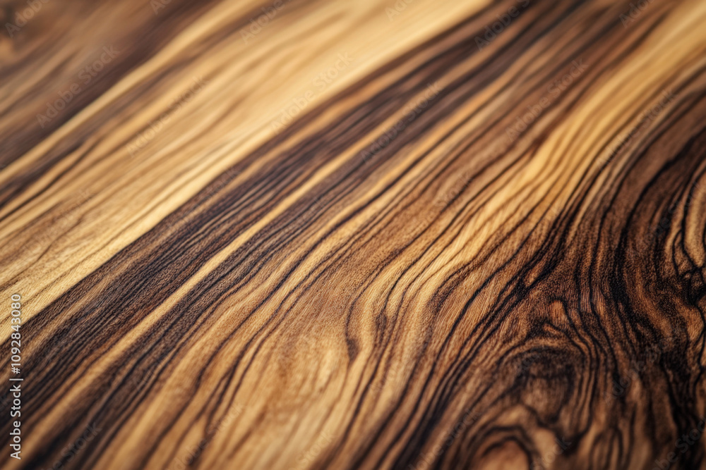 Fototapeta premium Close-up of a polished wooden surface with intricate grain patterns and warm brown tones, showcasing natural textures and elegance.