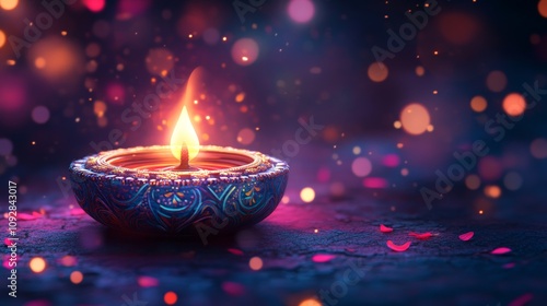 Colorful Diwali Diya with Glowing Flame and Festive Bokeh