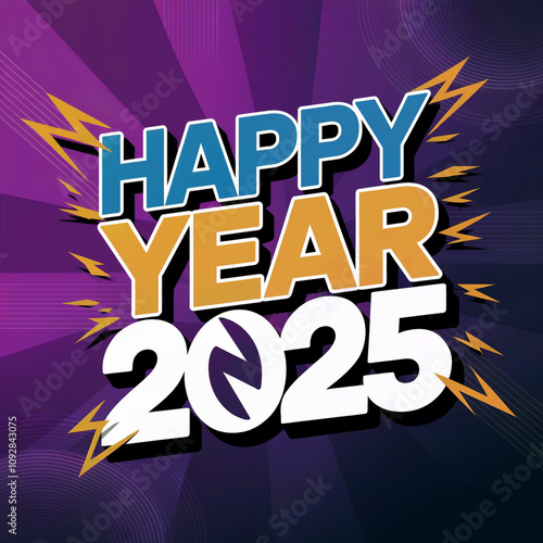 happy new year 2025 text 
3d stayle with purple colour background 
white colour text