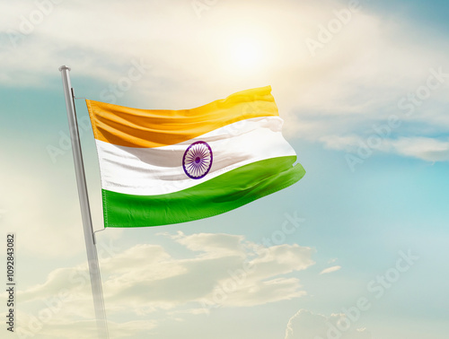 India national flag waving in beautiful sky with mast. A proud moment flag waving with sunlight.