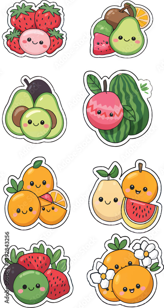 Fototapeta premium Adorable Kawaii Fruit Stickers: A Delightful Collection of Cartoon Strawberries, Avocados, Oranges, and Watermelon Designs Perfect
