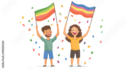 Cheerful Man and Woman Celebrating with Raised Hands Together