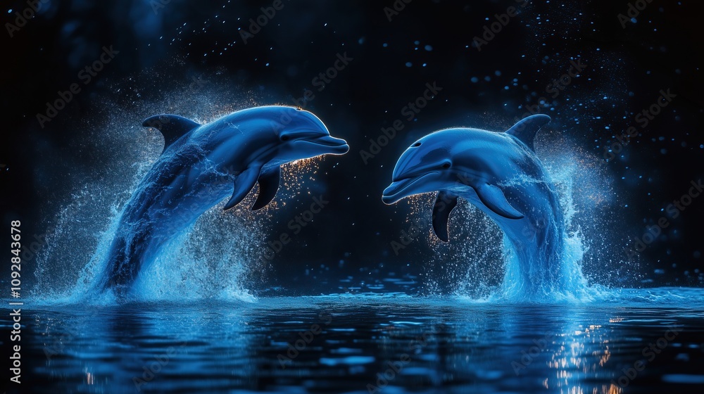 Obraz premium dolphins. water pair blue dolphins dancing light