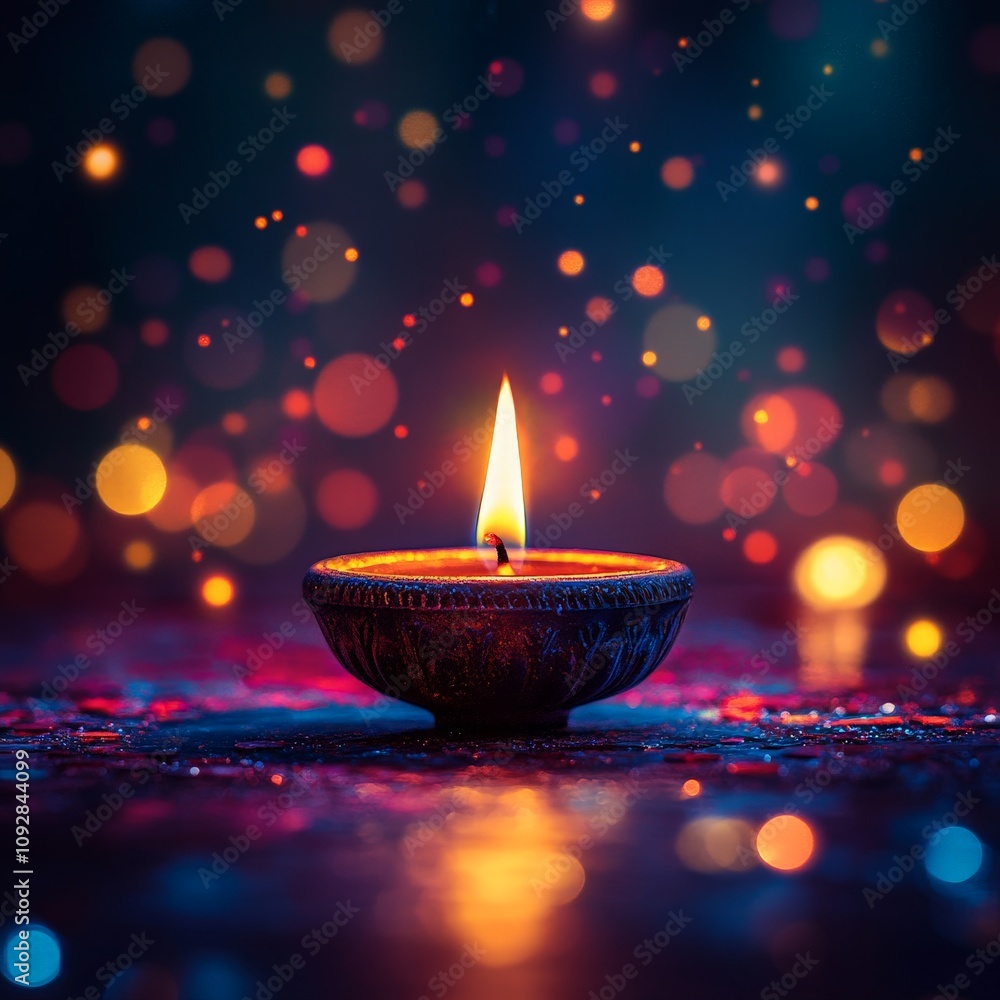 Vibrant Diwali Diya Lamp with Festive Bokeh Background Vibrant Diwali Diya Lamp with Festive Bokeh Background