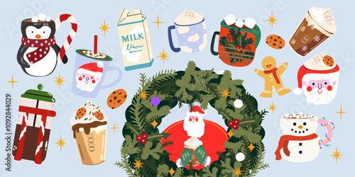 Winter hot drinks big collection. Mugs for Xmas, New year or winter holidays. Flat vector different Christmas hot beverages. Mugs of Cocoa with marshmallow, coffee with cream. Christmas wreath