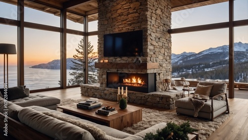 A luxurious modern mountain home interior with a large floor-to-ceiling window showcasing a breathtaking snowy view