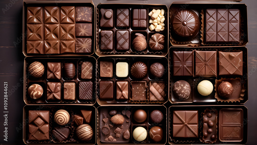 A set of assorted chocolates. Bitter, white milk. View from above. A set of assorted chocolates. Bitter, white milk. View from above.