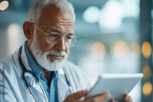 An elderly male doctor in a white coat with glasses attentively looks at a tablet in a well-lit medical office, focusing on patient records or medical data.
