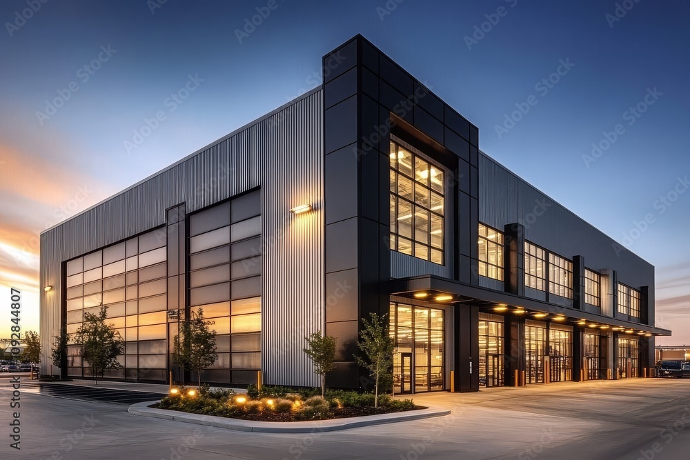 Fototapeta premium The modern warehouse office building features a sleek steel exterior.