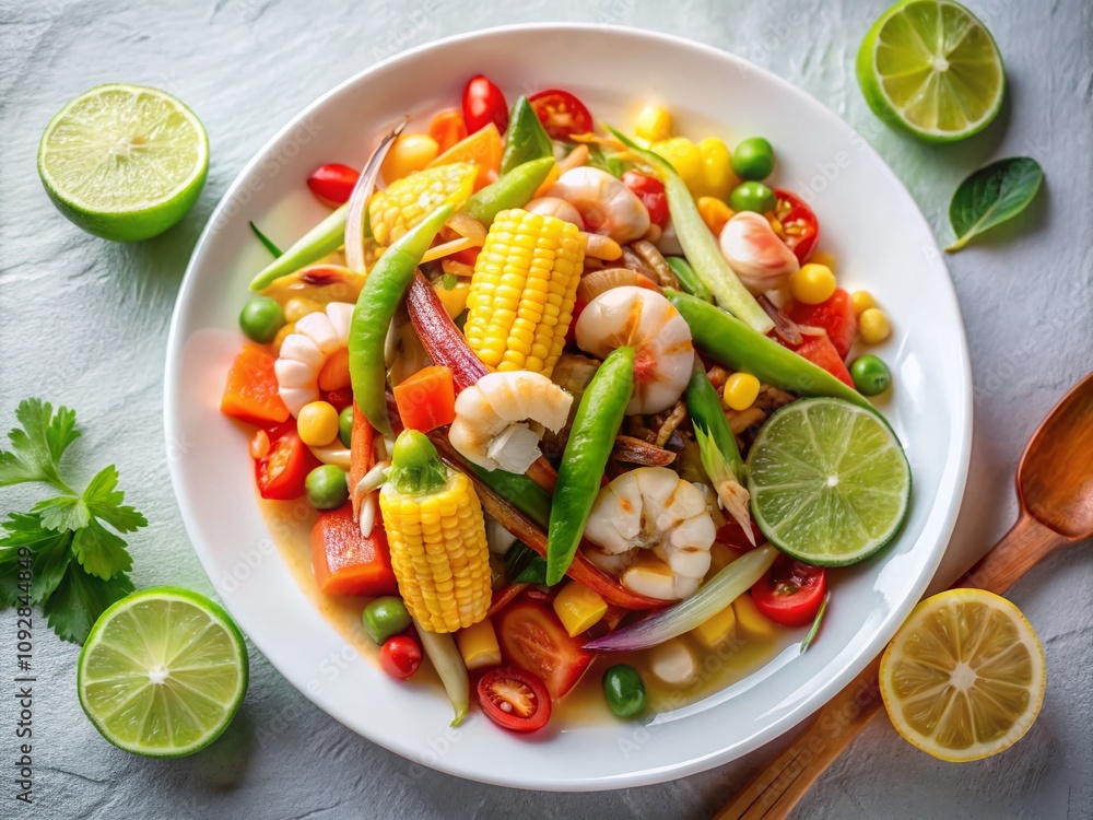 Minimalist Photography of a Vibrant Som Tam Seafood Corn Salad Featuring Beans, Lemons, Peppers, and Cockles in a Stylish Presentation on a Simple Plate Minimalist Photography of a Vibrant Som Tam Seafood Corn Salad Featuring Beans, Lemons, Peppers, and Cockles in a Stylish Presentation on a Simple Plate
